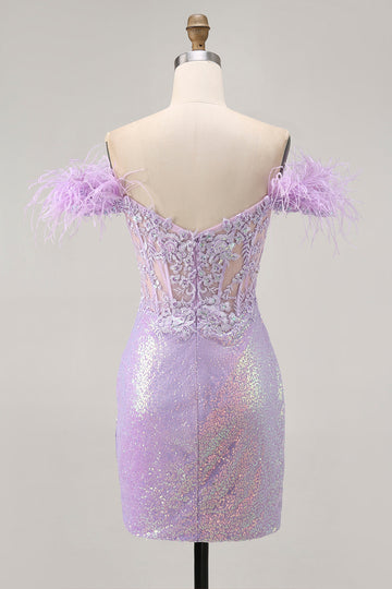Sparkly Lilac Sequins Off The Shoulder Corset Short Prom Dress